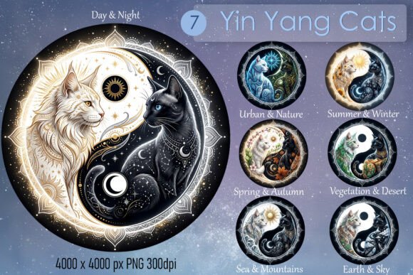 7 Yin Yang Cats PNG Clipart: Cosmic Balance for Designers