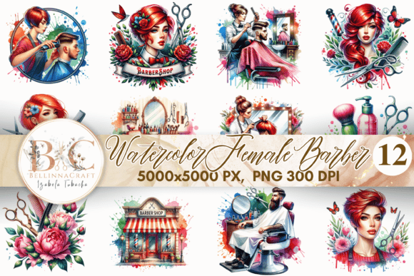 Elevate Your Barbershop Brand with Watercolor Female Barber Clipart