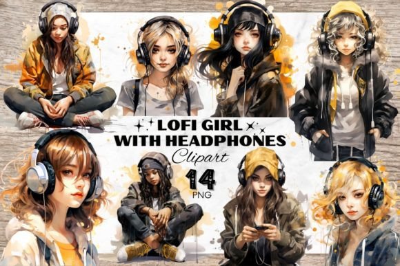LOFI Girl with Headphones: Artistic Music Clipart