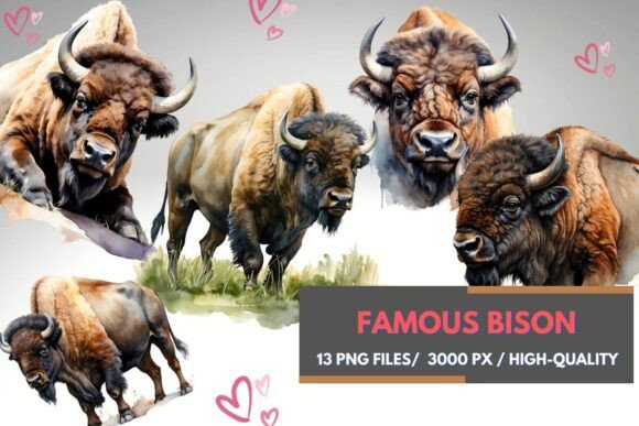 Majestic American Bison Clipart: Watercolor Wildlife Assets