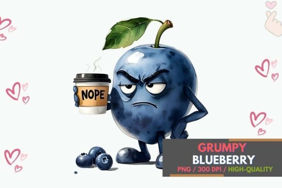 Moody Blueberry Character PNG: Attitude in a Cup