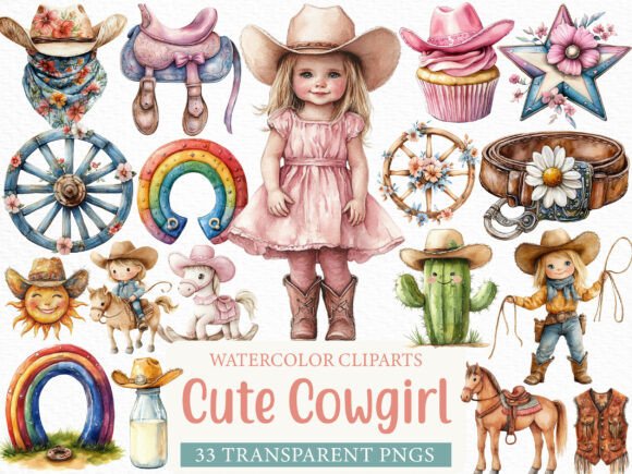 Watercolor Cute Cowgirl Clipart Bundle: Western Charm for Modern Creators