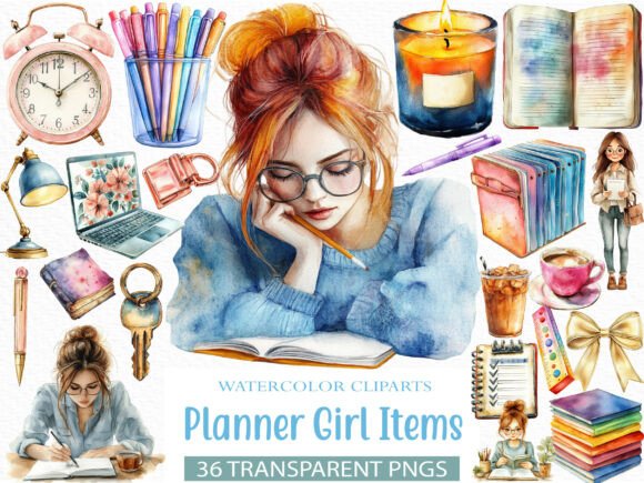 Watercolor Planner Girl Items Clipart: A Designer's Desk Companion
