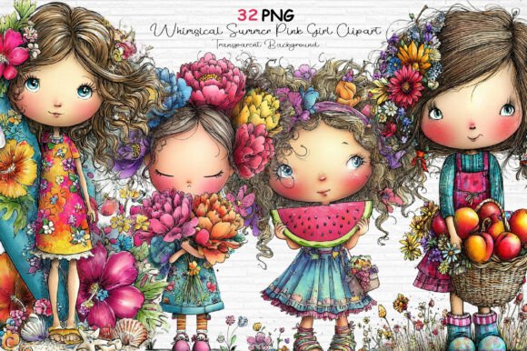 Whimsical Summer Pink Girl Clipart: A Sweet Design Asset